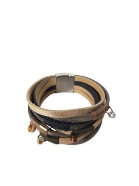 Boho Multi Strand Leather Cuff Bracelet Magnetic Clasp Beaded Neutral